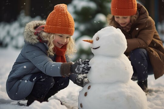 Kids making a snowman in a snowy backyard