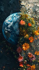 Obraz na płótnie Canvas Metaphorical Digital Art Depicting Earth as a Garden with Blooming and Wilting Flowers Symbolizing Hope for Environmental