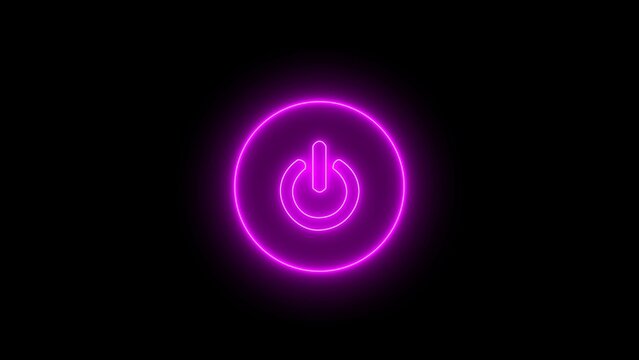 Purple neon Power Button icon on the black background. Electronic Power Button and Indicator Lights. Neon light power button turning on and off ,looping wallpaper on the black screen.