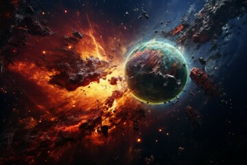 Naklejka premium Cosmic collision between two planets with fiery debris and a distorted starry background.