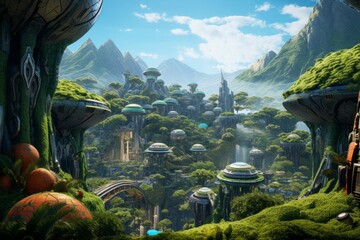 Peaceful alien village nestled among lush green hills with colorful creatures and unique architecture. - obrazy, fototapety, plakaty