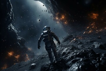 Space explorer traversing a treacherous asteroid field with advanced tools.