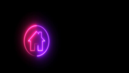 Neon house building sign. House icon glowing neon light on black background.