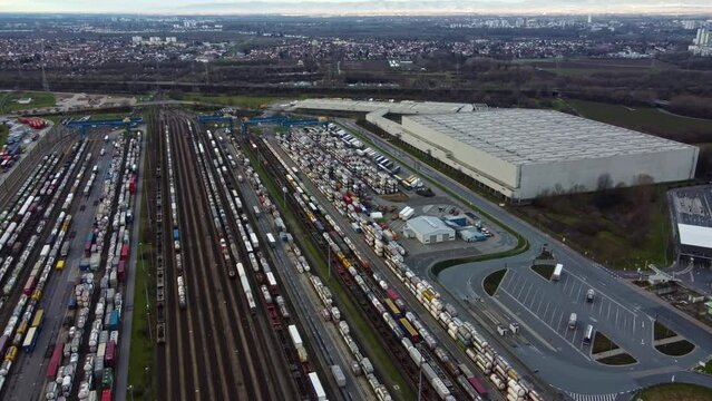 Rail Freight Transport at Cargo Distribution Warehouse, Static Aerial