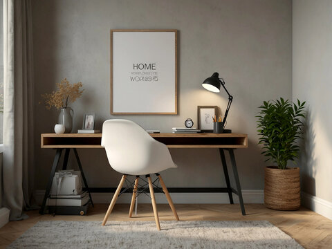 Modern Cozy Home Office: Interior Background, 3D Render. 