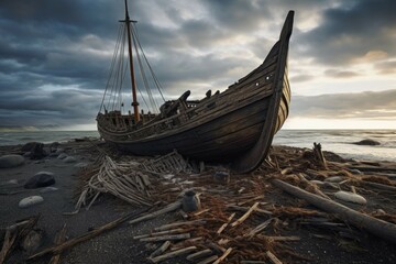 Viking shipwreck on a desolate beach - obrazy, fototapety, plakaty