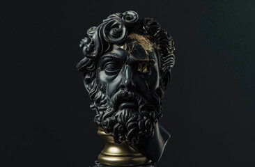 black marble Greek sculpture with a beard and eye patch made out of gold, on top of a pedestal