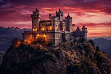 Medieval castle at dusk surrounded by lush greenery - obrazy, fototapety, plakaty