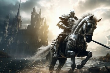 Medieval knight charging towards a castle