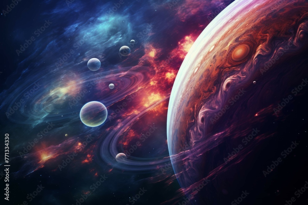 Canvas Prints majestic gas giant planet with swirling clouds and multiple suns.