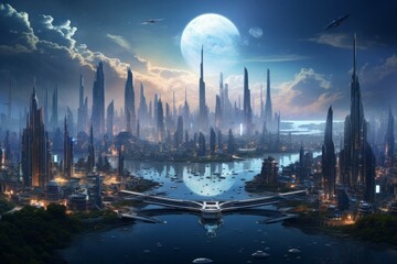 Futuristic cityscape on a distant planet with floating platforms and vibrant aurora borealis. - obrazy, fototapety, plakaty