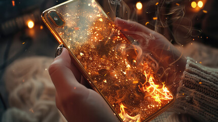 Closeup of a beautiful woman's hand holding a burning smartphone with a golden spades pattern. Generative AI. - obrazy, fototapety, plakaty