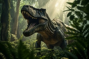 Tyrannosaurus Rex in prehistoric forest - obrazy, fototapety, plakaty