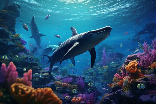 Plesiosaurs swimming in prehistoric coral reef