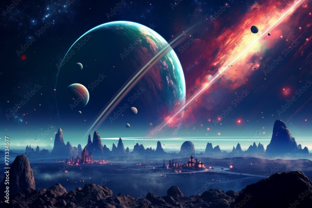 Canvas Prints retro-style planetary system with colorful ringed planets and rocket ships.