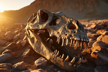 Tyrannosaurus rex skull fossil in a rocky cliff