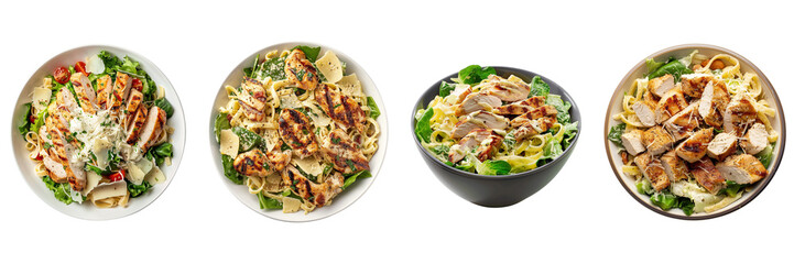  Set of Grilled Chicken Caesar Salad is in the top view on a transparent background - obrazy, fototapety, plakaty