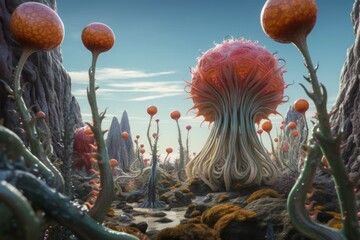 Group of vibrant alien creatures on an exoplanet - obrazy, fototapety, plakaty