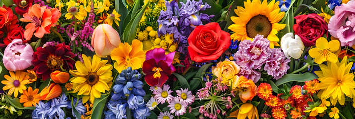Spectacular Display of Diverse Flowers: A captivating nature view of Sunflowers, Tulips, Roses, Irises, Lilies, Daisies, and Peonies