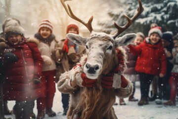 Fototapeta na wymiar A Christmas dog wearing a reindeer costume playing with children in a snow-covered park.