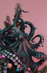 black octopus with New Year decorations at the end of the tentacles, pastel background