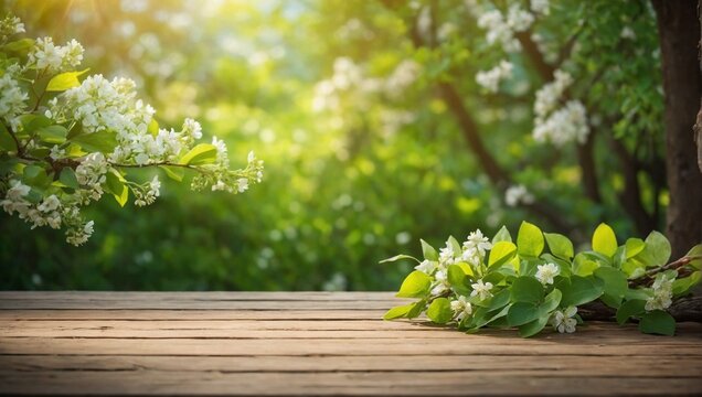 empty wood board for branding on Spring beautiful background