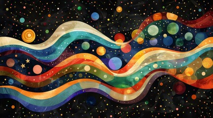 Vibrant abstract painting with wavy lines and dots. A captivating array of wavy lines and dots in various sizes and colors create a dynamic and vibrant abstract artwork with a cosmic feel - 771335159