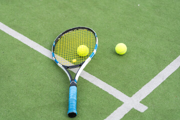 Tennis Court with ball and racket - 771335187
