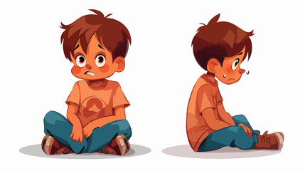 Cartoon little boy sitting and crying flat vector isolated