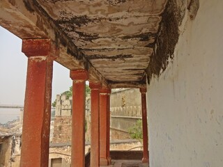 Small temple with columns inside a fort, RAMNAGAR FORT, VARANASI, UTTAR PRADESH, INDIA 