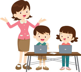 happy teacher and student learning computer