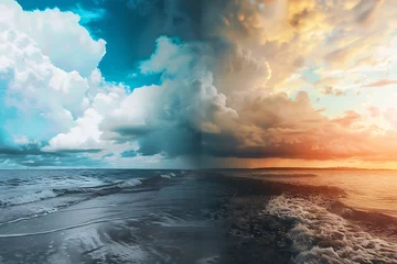 Fotobehang : A weather transformation, displaying a dreary rainy scene evolving into bright, sunny weather, with stormy clouds abating in time-lapse © Kashif