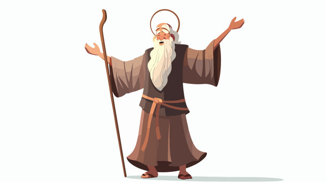 Cartoon Moses holding wooden staff with open arms