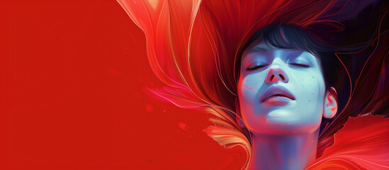Illustration of a woman with closed eyes wrenckles and flowing hair and a red background with copy space,  AI generated