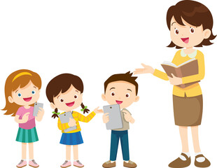 happy teacher and student learning computer