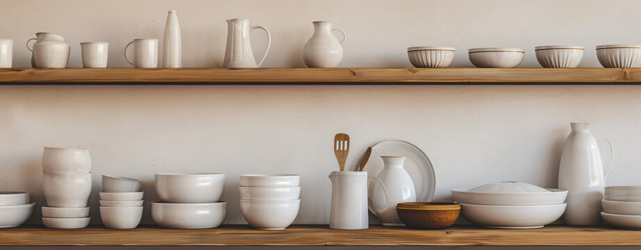 white porcelain utensils on shelves in the style of pat ded291ad-5f12-4a87-bf05-d73fd36053b2