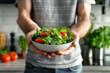 Casual Man Proudly Presents Homemade Salad in his Kitchen
