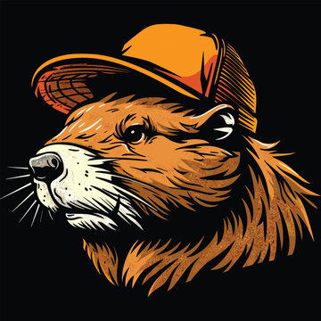 Illustration of a beaver with a felt hat, depicted in a sports logo as a vector image.