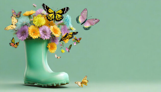 Mint green rubber boot full of colorful spring flowers with butterflies and bees on mint green background with copy space. Spring is here concept banner. 3D Rendering, 3D Illustration