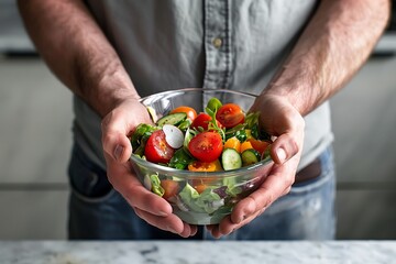 Casual Man Proudly Presents Homemade Salad in his Kitchen