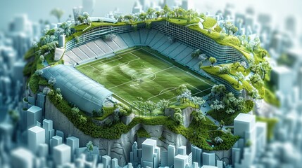 3d soccer stadium micro scene, 3d graffiti, on grass, fantasy, white and blue tones, futuristic architecture, minimalist buildings, plants. Generative AI.