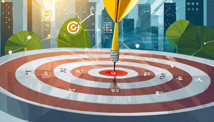 set goals for work. dart aiming at the target center business. goal, aiming marketing target metaphor, Succeed dart board, defines objectives, success investment ideas, winner - obrazy, fototapety, plakaty
