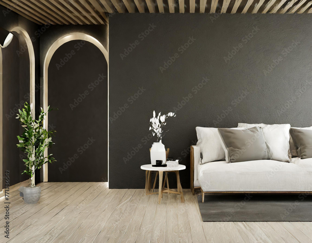 Wall mural the modern interior design concept of living room and empty black wall background and wooden floor. 