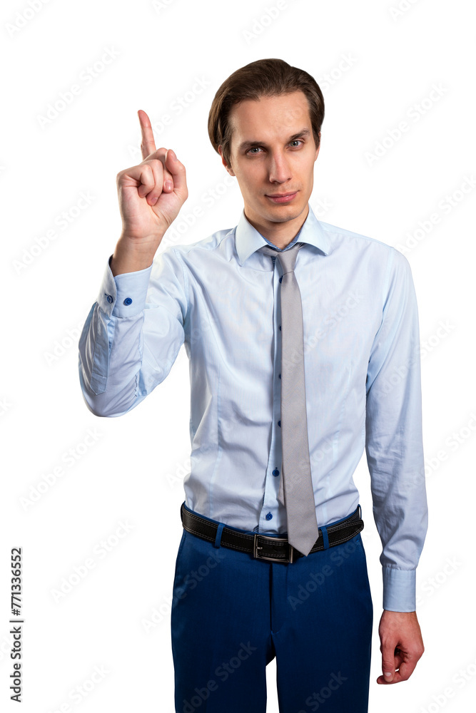 Poster a man in business attire pointing upwards, isolated on a white background, signifying a concept or i
