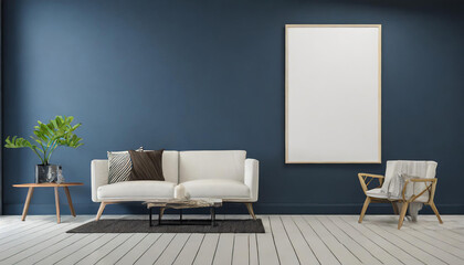 The modern interior design concept of living room and empty canvas frame and dark blue wall background and white wooden floor. 3d rendering.