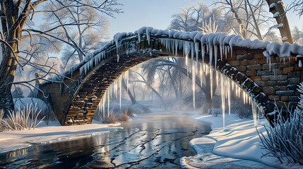 A frozen river under a bridge, covered in snow and ice