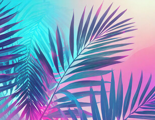 Tropical and palm leaves in vibrant bold gradient holographic neon colors. Concept art. Minimal surrealism summer background.