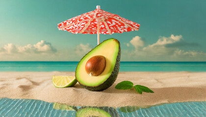 Tropical beach concept made of avocado fruit and sun umbrella. Creative minimal summer idea.