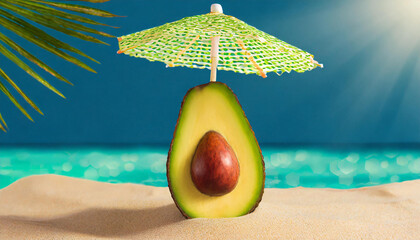 Tropical beach concept made of avocado fruit and sun umbrella. Creative minimal summer idea.