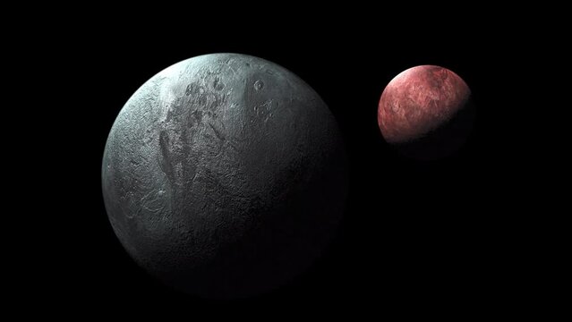 Two planets in space, an ice planet and a red planet